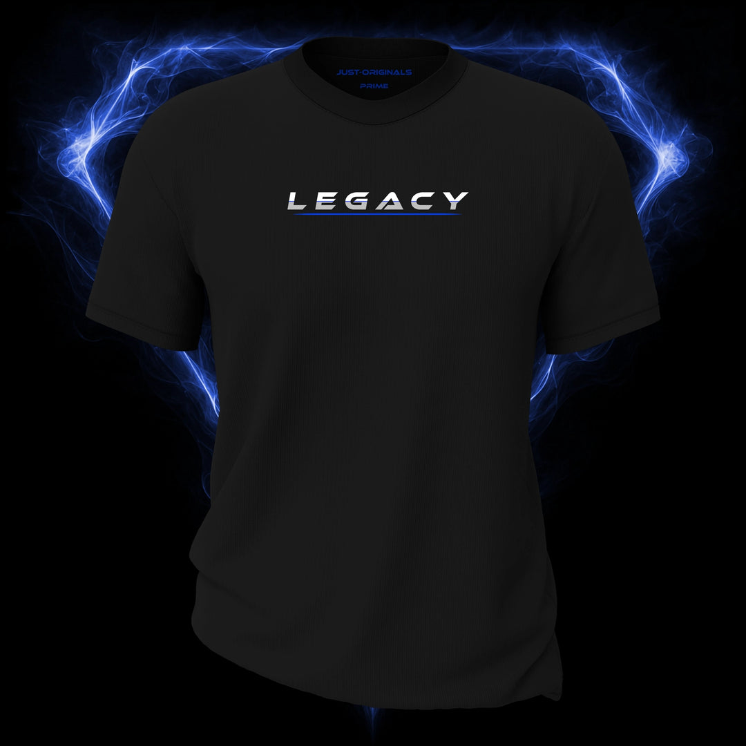 LIFESTYLE PRIME Unisex Tee — LEGACY II design on BlackPulse™ colorway with white lifestyle typography, silver-gray word accent, thin blue word divider, and blue underline.