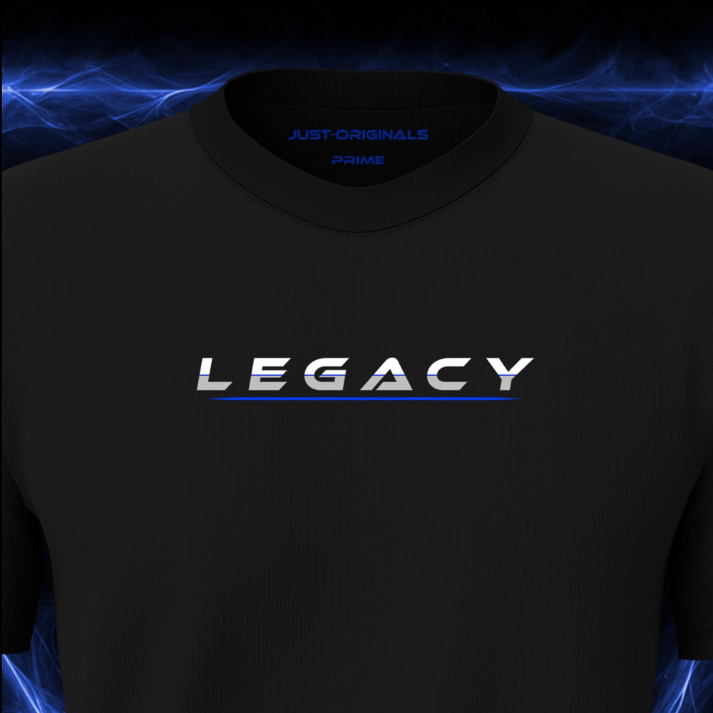 JUST-ORIGINALS™ LIFESTYLE PRIME Unisex Tee — LEGACY II design close-up on BlackPulse™ premium fabric featuring white typography with a blue center accent and a blue underline.