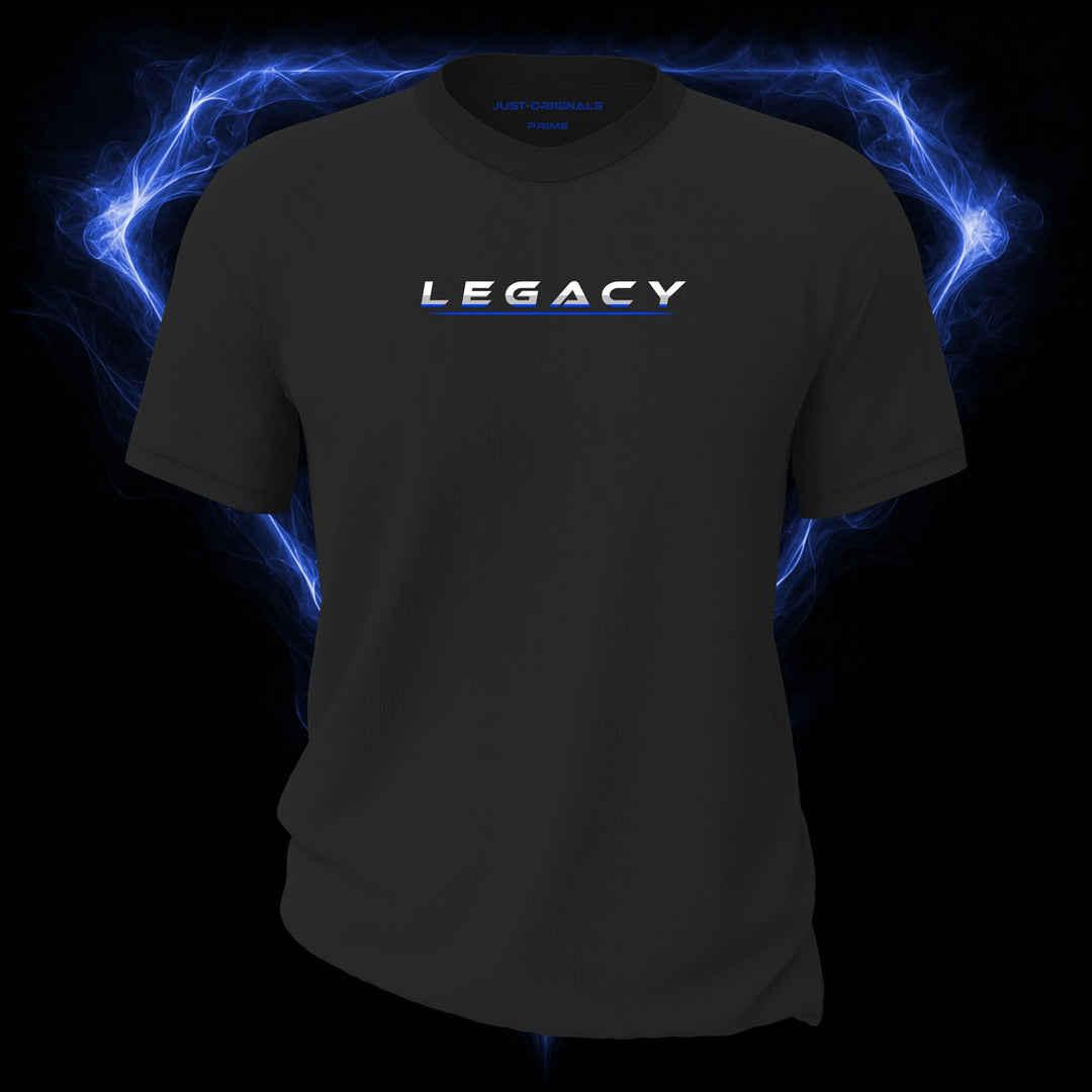 LIFESTYLE PRIME Unisex Tee — LEGACY III design on ShadowPulse™ colorway with white lifestyle typography, silver-gray word accent, blue lower word accent, and blue underline.