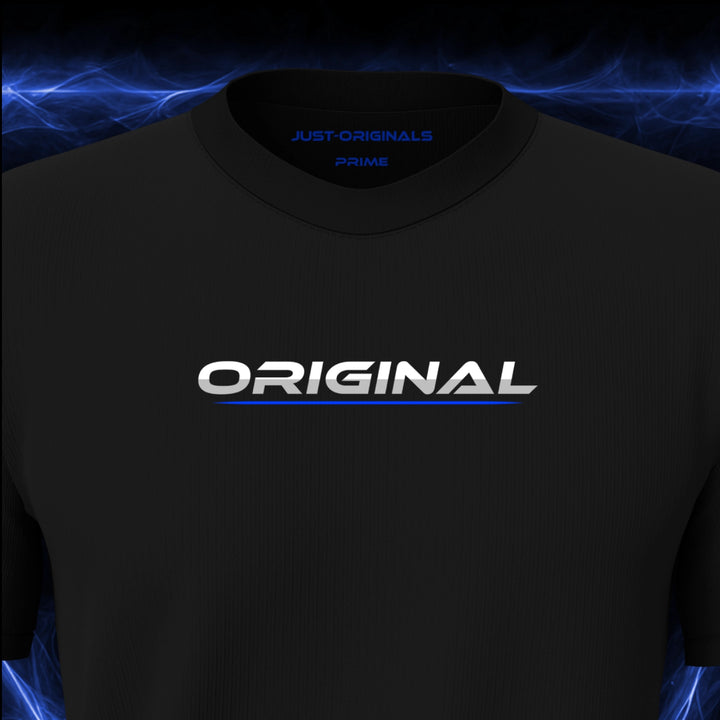 JUST-ORIGINALS™ LIFESTYLE PRIME Unisex Tee — ORIGINAL I design close-up on BlackPulse™ premium fabric featuring white typography with blue accent underline.