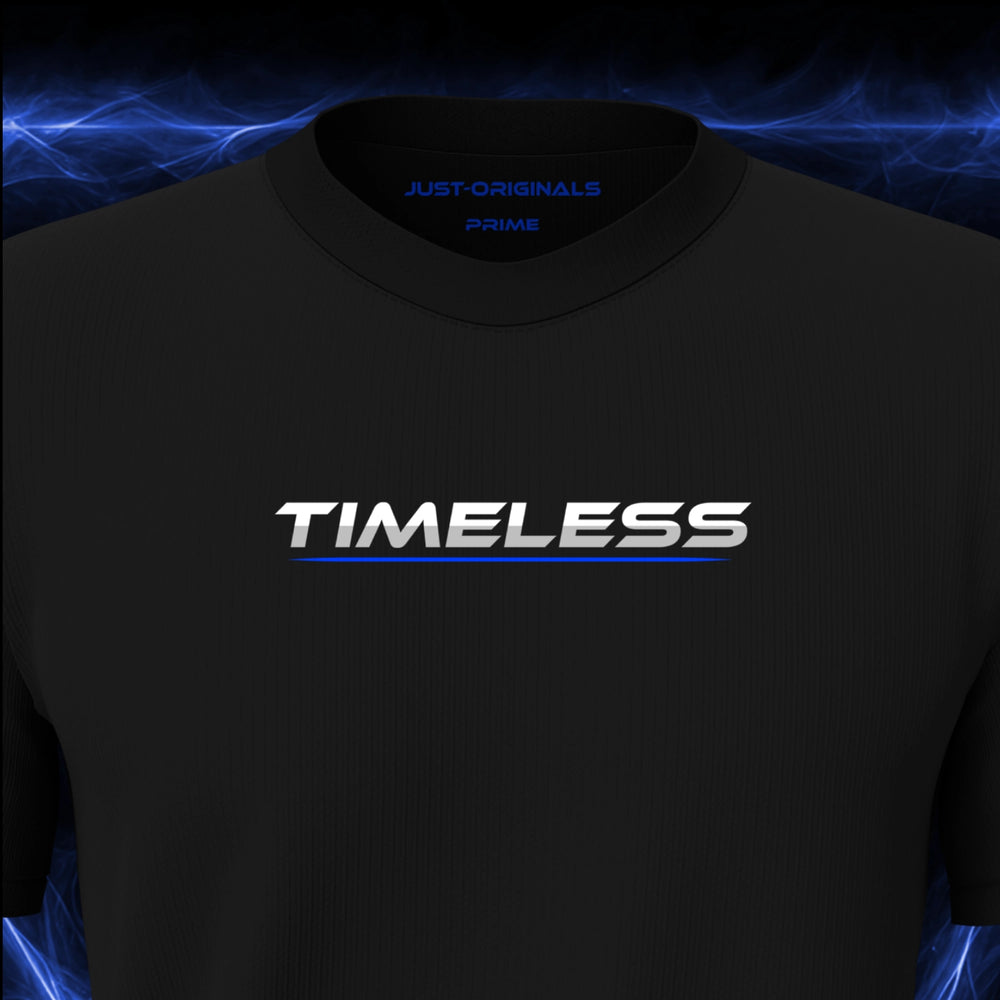 Close-up of the JUST-ORIGINALS™ LIFESTYLE PRIME Unisex TIMELESS I design on a BlackPulse™ premium black t-shirt, featuring white TIMELESS typography with a blue underline and premium neck label.
