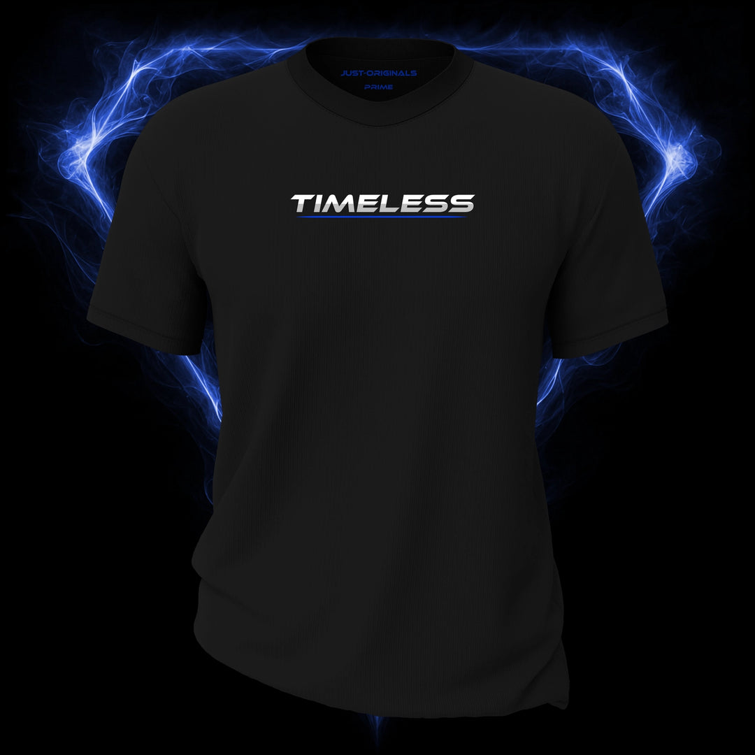 LIFESTYLE PRIME Unisex Tee — TIMELESS I design on BlackPulse™ colorway with white lifestyle typography, silver-gray word accent, and blue underline.