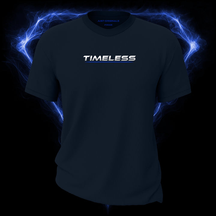 LIFESTYLE PRIME Unisex Tee — TIMELESS I design on StormPulse™ colorway with white lifestyle typography, silver-gray word accent, and blue underline.
