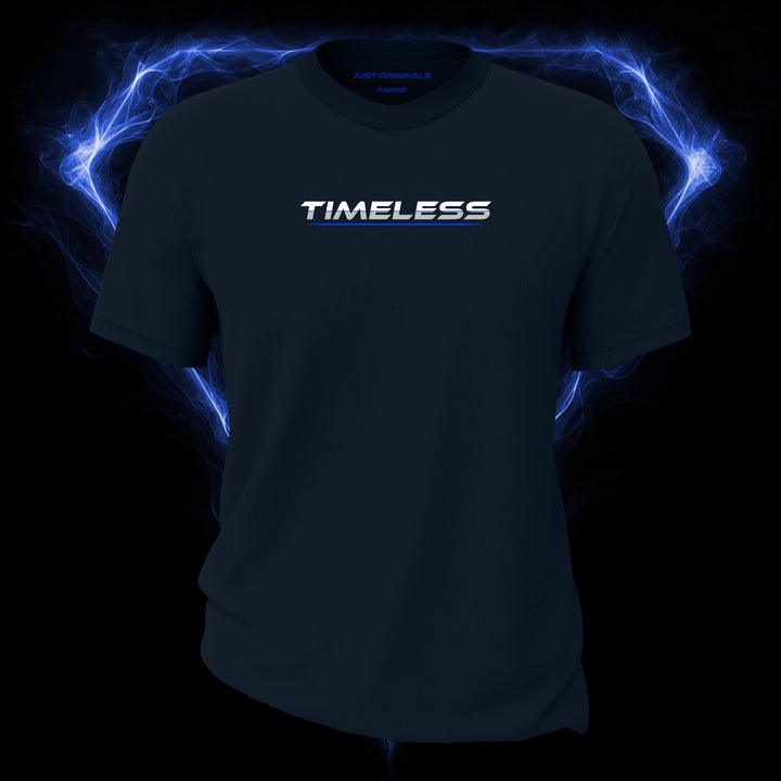 LIFESTYLE PRIME Unisex Tee — TIMELESS II design on StormPulse™ colorway with white lifestyle typography, silver-gray word accent, thin blue word divider, and blue underline.