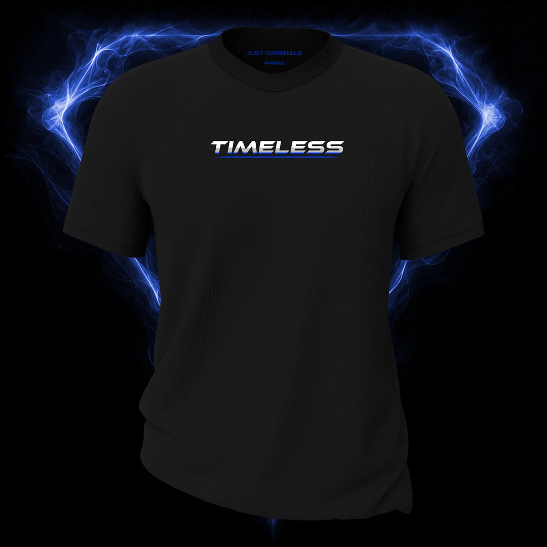 LIFESTYLE PRIME Unisex Tee — TIMELESS III design on BlackPulse™ colorway with white lifestyle typography, silver-gray word accent, blue lower word accent, and blue underline.