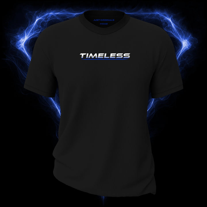 LIFESTYLE PRIME Unisex Tee — TIMELESS III design on BlackPulse™ colorway with white lifestyle typography, silver-gray word accent, blue lower word accent, and blue underline.