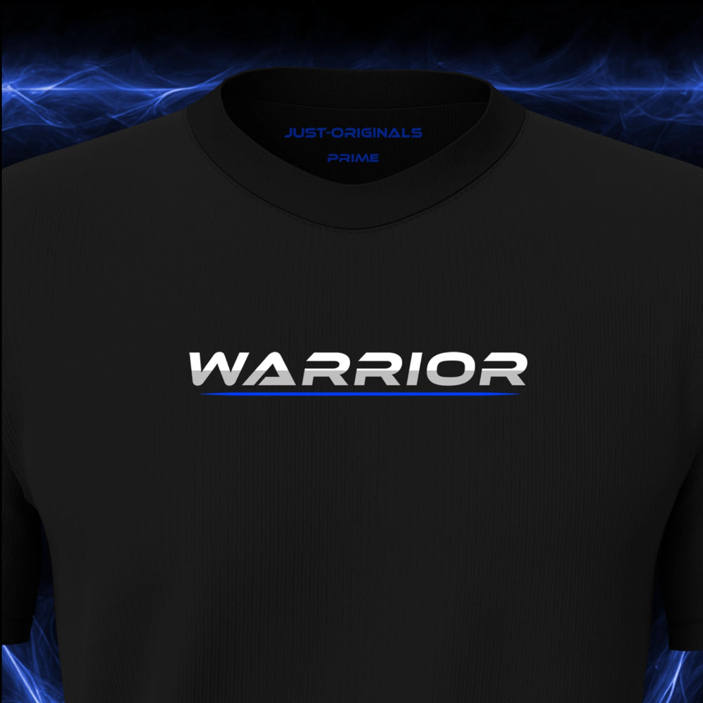 JUST-ORIGINALS™ LIFESTYLE PRIME Unisex Tee — WARRIOR I design close-up on BlackPulse™ premium fabric featuring white typography with a blue underline.