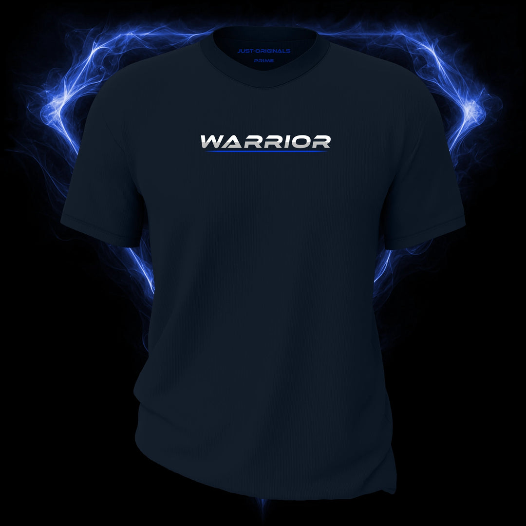 LIFESTYLE PRIME Unisex Tee — WARRIOR I design on StormPulse™ colorway with white lifestyle typography, silver-gray word accent, and blue underline.