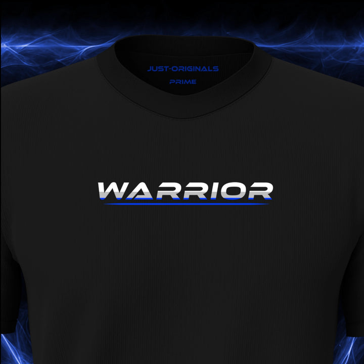 JUST-ORIGINALS™ LIFESTYLE PRIME Unisex Tee — WARRIOR III design close-up on BlackPulse™ premium fabric featuring white typography with silver-gray accents and a bold blue underline.