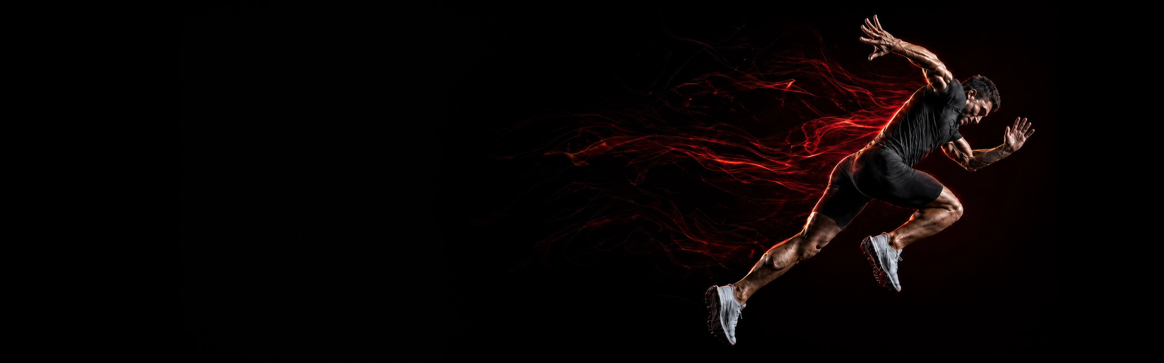 MAXPULSE™ CORE Hero Banner | Male athlete sprinting with red energy trails on black background, representing power, speed, and intensity | Featured in JUST-ORIGINALS™ performance apparel