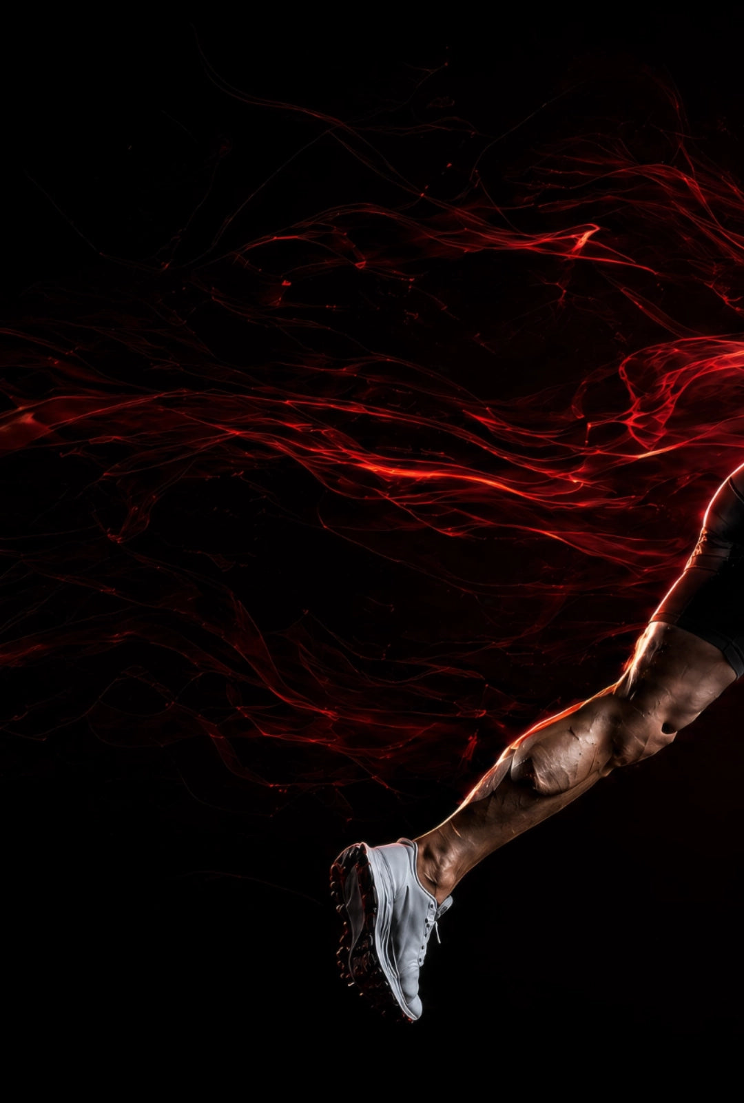 MAXPULSE™ CORE Hero Mobile Banner | Close-up of athlete leg in motion with red energy flow on black background, emphasizing strength, focus, and explosive performance | JUST-ORIGINALS™