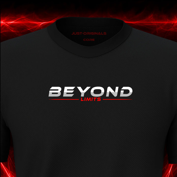 Close-up of the JUST-ORIGINALS™ MAXPULSE CORE Men BEYOND LIMITS design on a BlackPulse™ performance t-shirt, featuring white BEYOND typography, red LIMITS text, red performance accent line, and premium neck label.