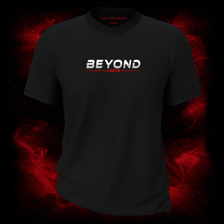 MAXPULSE™ CORE | BEYOND LIMITS | Men Tee | White BEYOND text with red LIMITS underline on BlackPulse™ shirt | Featured in MAXPULSE™ CORE Men Tee