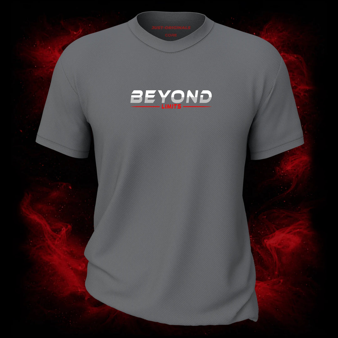 MAXPULSE™ CORE | BEYOND LIMITS | Men Tee | White BEYOND text with red LIMITS underline on SteelPulse™ shirt | Featured in MAXPULSE™ CORE Men Tee