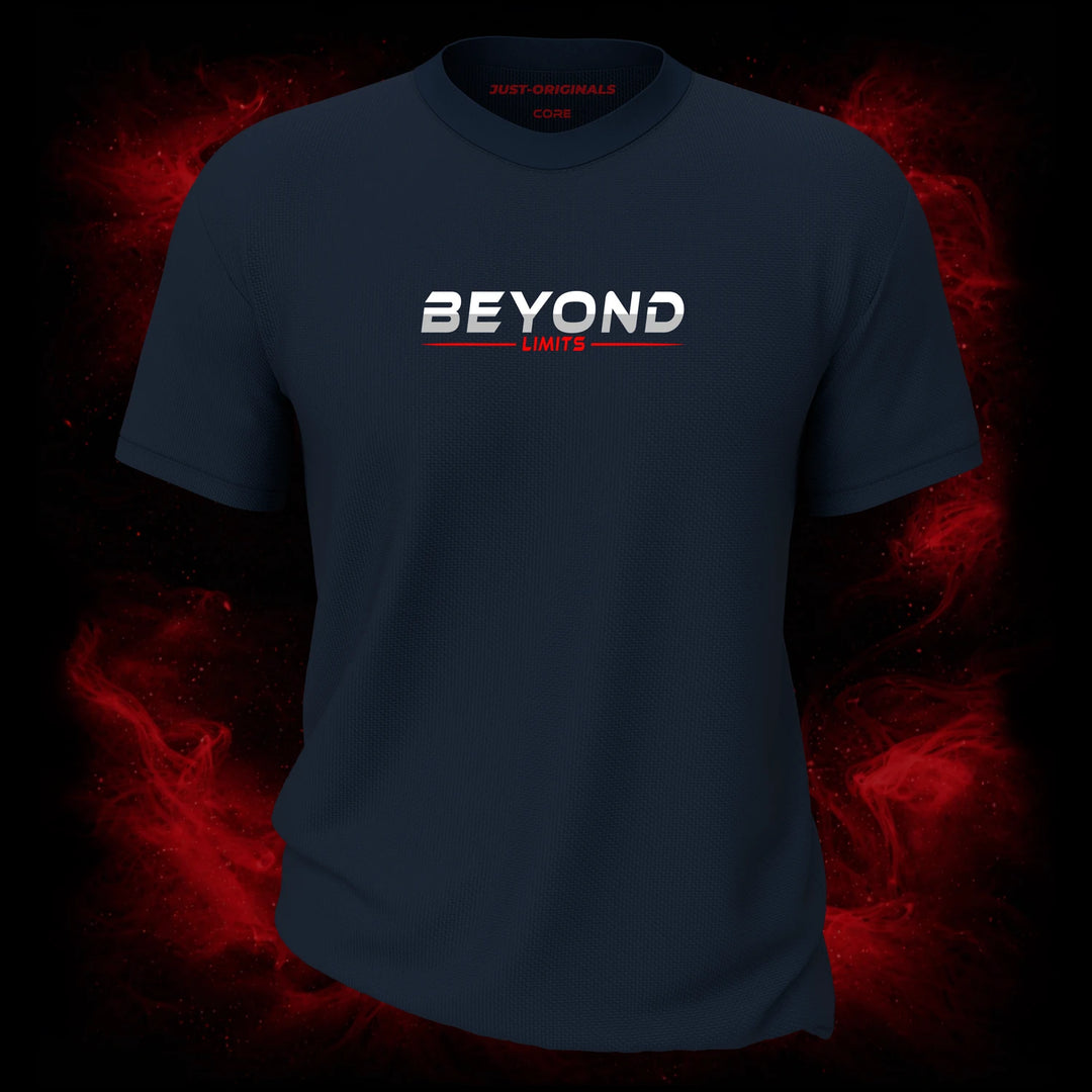 MAXPULSE™ CORE | BEYOND LIMITS | Men Tee | White BEYOND text with red LIMITS underline on StormPulse™ shirt | Featured in MAXPULSE™ CORE Men Tee
