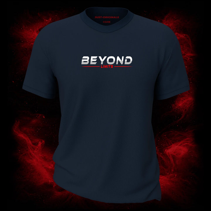 MAXPULSE™ CORE | BEYOND LIMITS | Men Tee | White BEYOND text with red LIMITS underline on StormPulse™ shirt | Featured in MAXPULSE™ CORE Men Tee