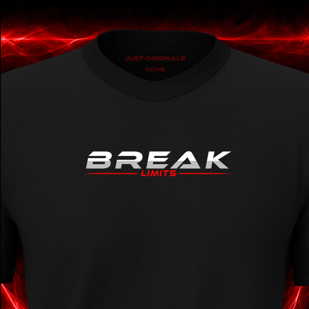 Close-up of the JUST-ORIGINALS™ MAXPULSE CORE Men BREAK LIMITS design on a BlackPulse™ performance t-shirt, featuring white BREAK typography, red LIMITS text, red performance accent line, and premium neck label.