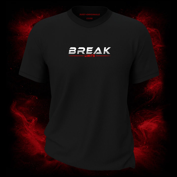 MAXPULSE™ CORE | BREAK LIMITS | Men Tee | White BREAK text with red LIMITS underline on BlackPulse™ shirt | Featured in MAXPULSE™ CORE Men Tee