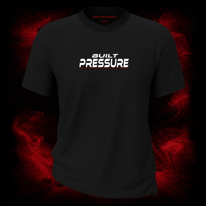 MAXPULSE™ CORE | BUILT PRESSURE | Men Performance Tee | White and red accent text design on BlackPulse™ shirt | Featured in MAXPULSE™ CORE Men Performance Tee