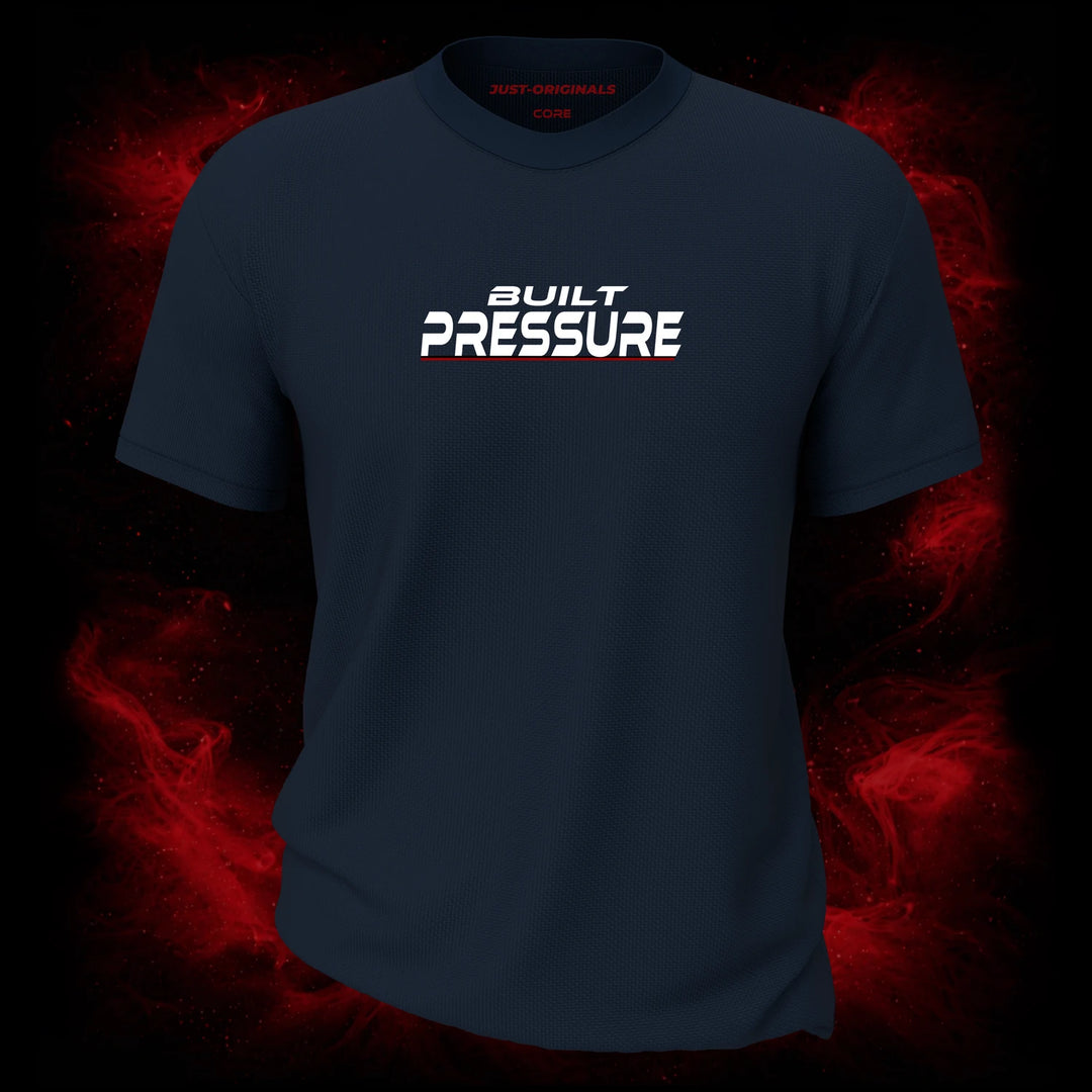 MAXPULSE™ CORE | BUILT PRESSURE | Men Performance Tee | White and red accent text design on StormPulse™ shirt | Featured in MAXPULSE™ CORE Men Performance Tee
