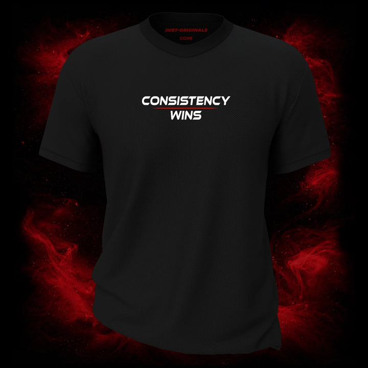 MAXPULSE™ CORE Men Tee featuring CONSISTENCY WINS centered on BlackPulse™ performance fabric with sharp athletic typography, built for disciplined training, strength progression, and relentless performance.
