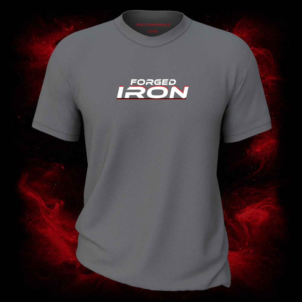 MAXPULSE™ CORE | FORGED IRON | Men Performance Tee | White and red accent text design on SteelPulse™ shirt | Featured in MAXPULSE™ CORE Men Performance Tee