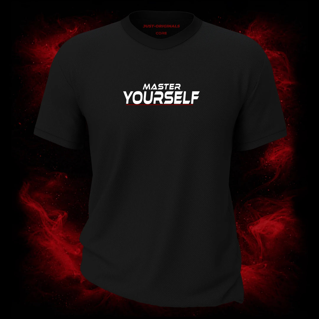 MAXPULSE™ CORE | MASTER YOURSELF | Men Performance Tee | White text with red underline accent on BlackPulse™ shirt | Featured in MAXPULSE™ CORE Men Tee