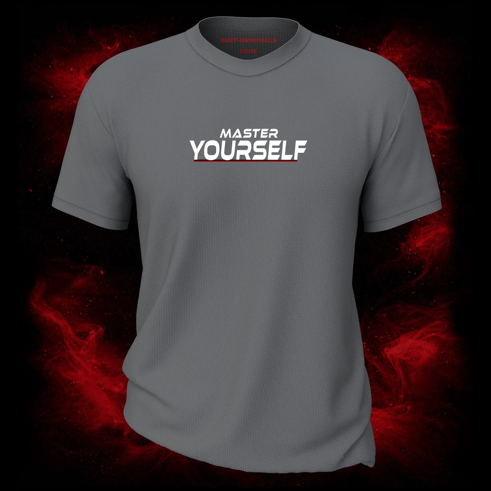 MAXPULSE™ CORE | MASTER YOURSELF | Men Performance Tee | White text with red underline accent on SteelPulse™ shirt | Featured in MAXPULSE™ CORE Men Tee