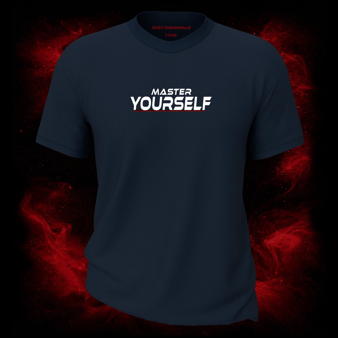 MAXPULSE™ CORE | MASTER YOURSELF | Men Performance Tee | White text with red underline accent on StormPulse™ shirt | Featured in MAXPULSE™ CORE Men Tee