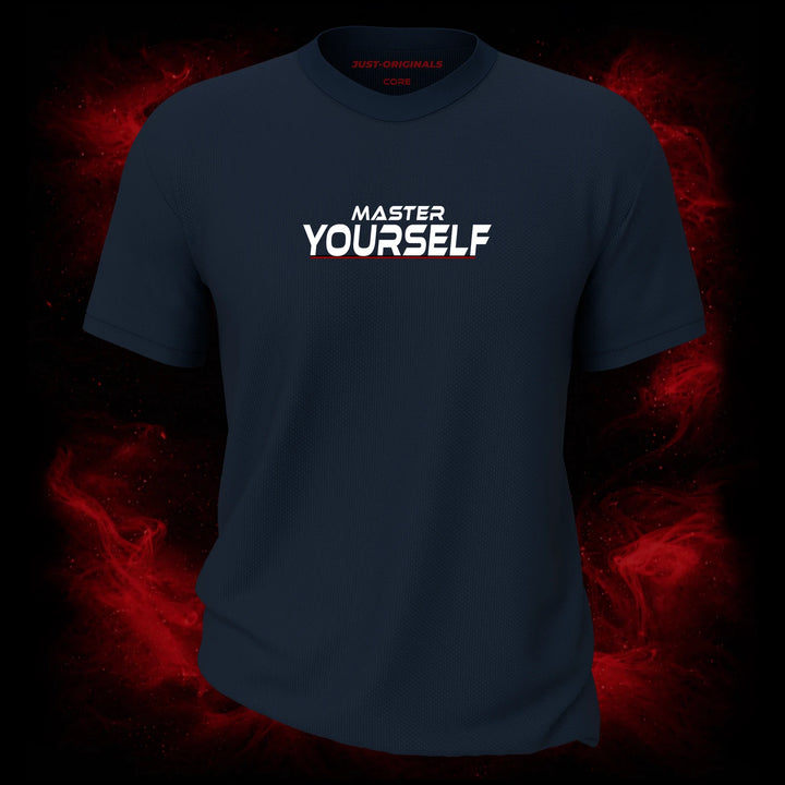 MAXPULSE™ CORE | MASTER YOURSELF | Men Performance Tee | White text with red underline accent on StormPulse™ shirt | Featured in MAXPULSE™ CORE Men Tee