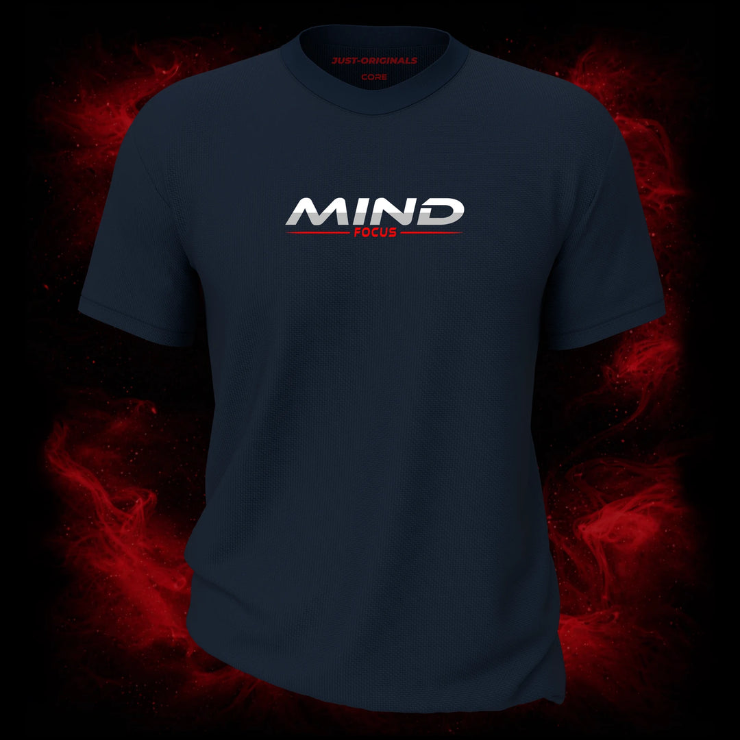 MAXPULSE™ CORE | MIND FOCUS | Men Tee | Bold white text with red underline on StormPulse™ shirt | Featured in MAXPULSE™ CORE Men Tee