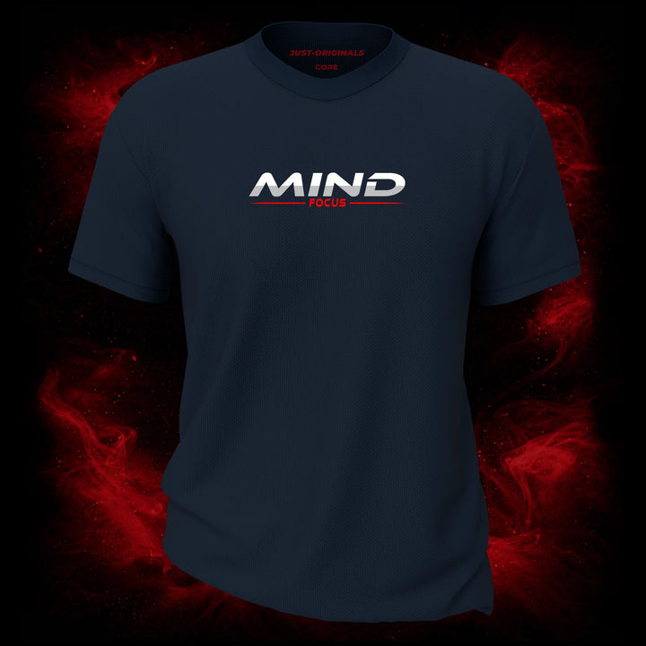 MAXPULSE™ CORE | MIND FOCUS | Men Tee | Bold white text with red underline on StormPulse™ shirt | Featured in MAXPULSE™ CORE Men Tee