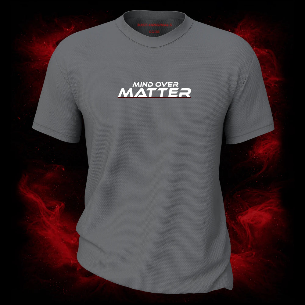 MAXPULSE™ CORE | MIND OVER MATTER | Men Performance Tee | White text with red underline accent on SteelPulse™ shirt | Featured in MAXPULSE™ CORE Men Tee