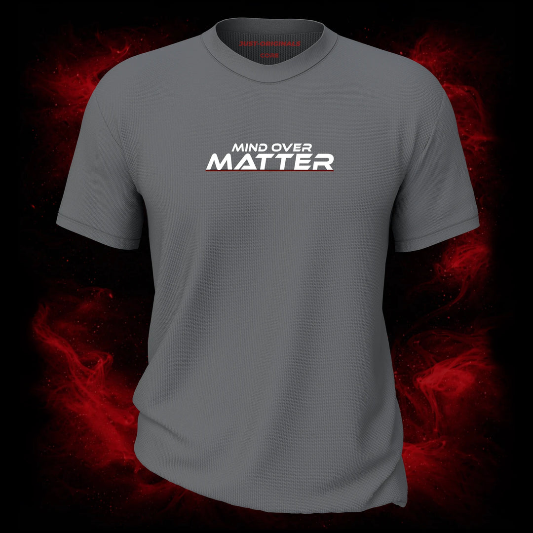 MAXPULSE™ CORE | MIND OVER MATTER | Men Performance Tee | White text with red underline accent on SteelPulse™ shirt | Featured in MAXPULSE™ CORE Men Tee
