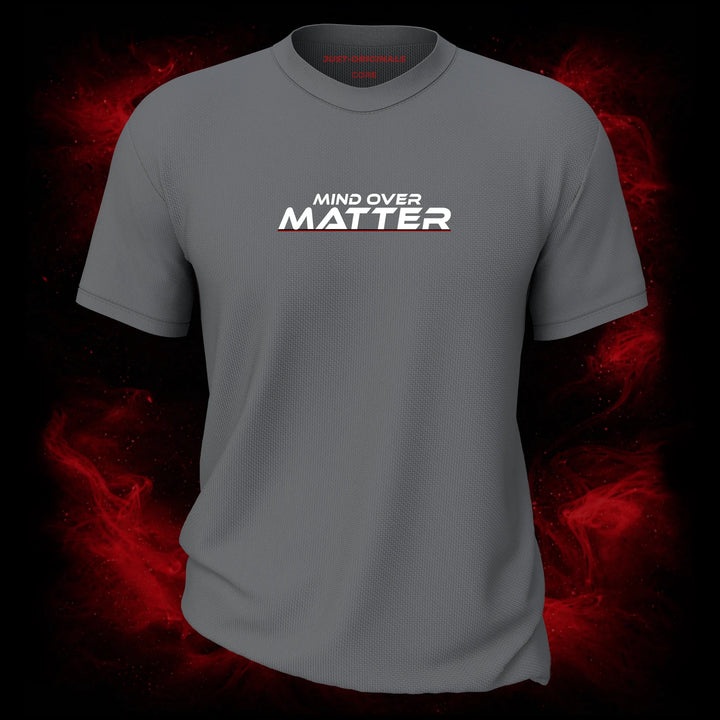 MAXPULSE™ CORE | MIND OVER MATTER | Men Performance Tee | White text with red underline accent on SteelPulse™ shirt | Featured in MAXPULSE™ CORE Men Tee