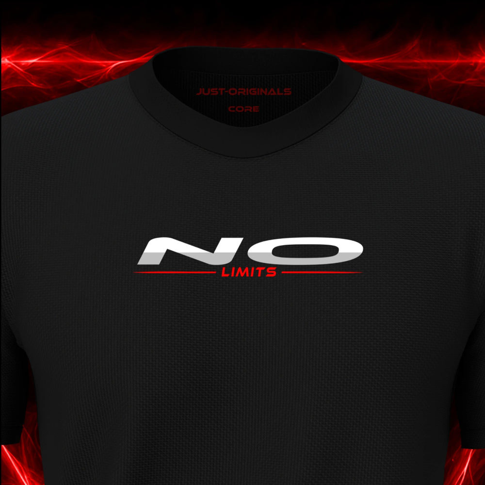 MAXPULSE™ CORE Men Tee — NO LIMITS design close-up on BlackPulse™ colorway with white performance typography and red accent line.