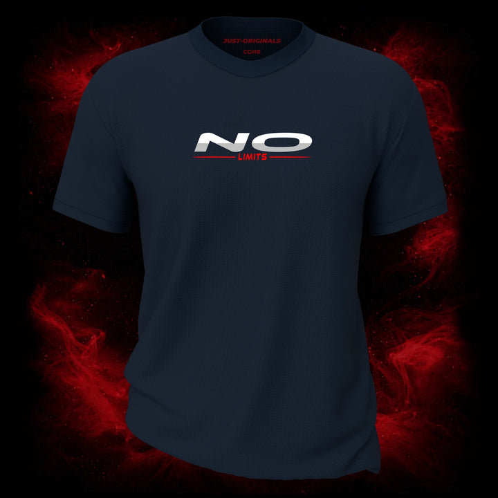 MAXPULSE™ CORE | NO LIMITS | Men Tee | White NO text with red LIMITS underline on StormPulse™ shirt | Featured in MAXPULSE™ CORE Men Tee