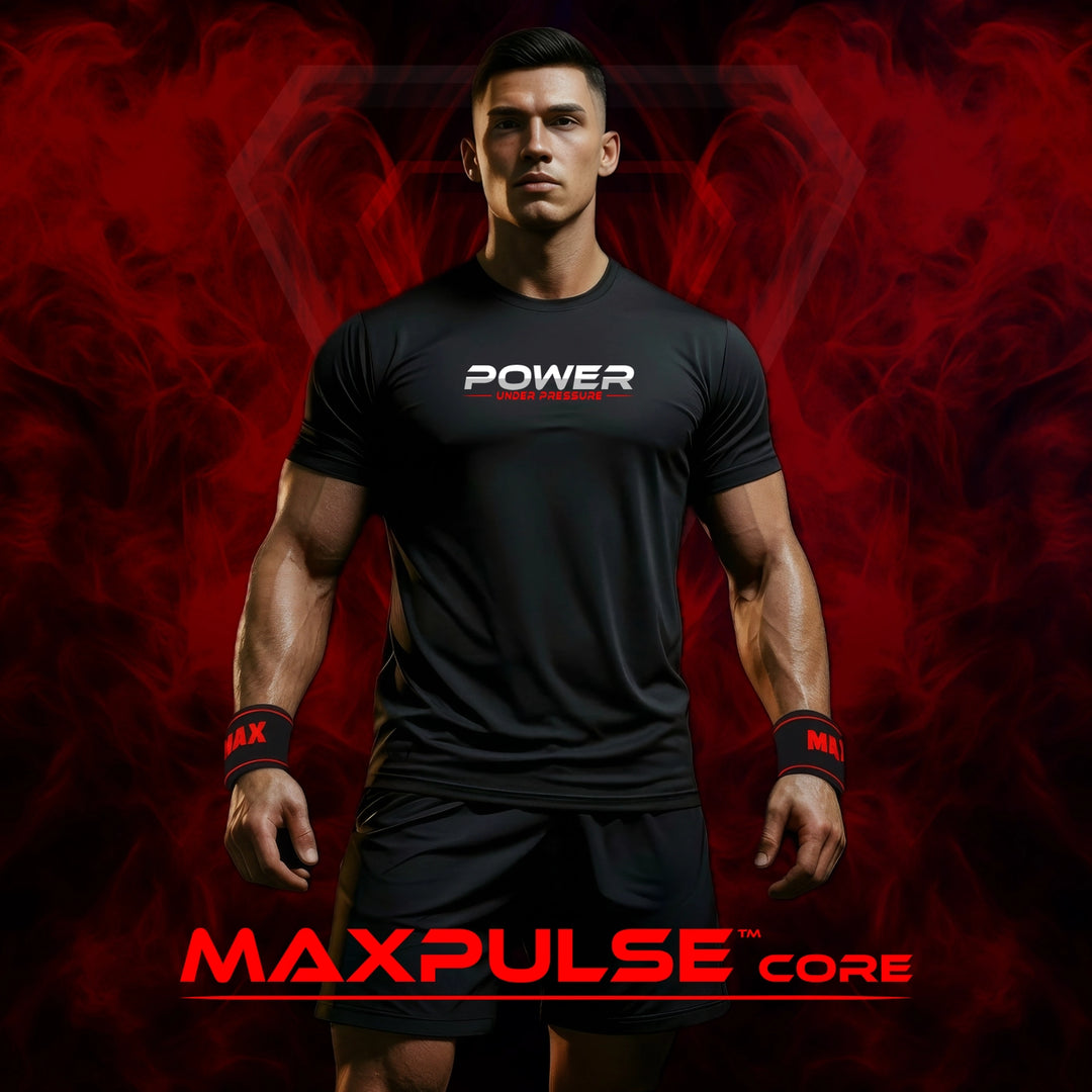 MAXPULSE™ CORE men performance t-shirt POWER UNDER PRESSURE design black gym tee with red smoke background strength training workout apparel