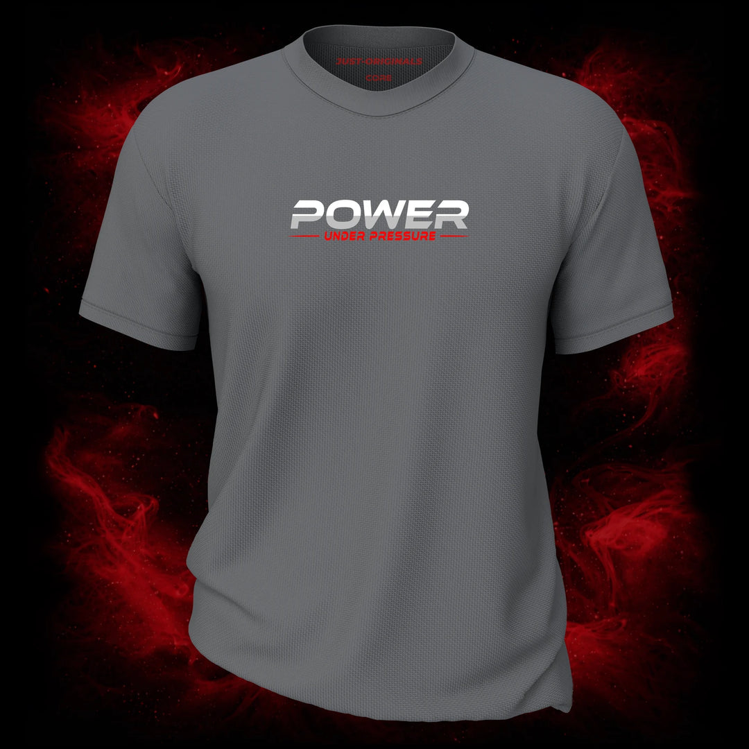 MAXPULSE™ CORE | POWER UNDER PRESSURE | Men Tee | White and red text design on SteelPulse™ shirt | Featured in MAXPULSE™ CORE Men Tee