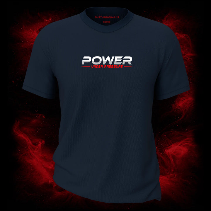 MAXPULSE™ CORE | POWER UNDER PRESSURE | Men Tee | White and red text design on StormPulse™ shirt | Featured in MAXPULSE™ CORE Men Tee