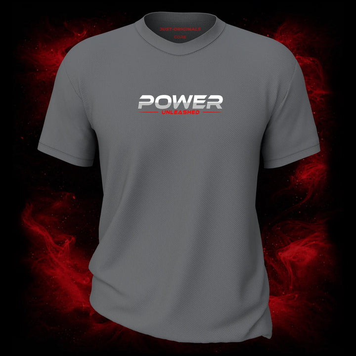 MAXPULSE™ CORE | POWER UNLEASHED | Men Tee | White and red text design on SteelPulse™ shirt | Featured in MAXPULSE™ CORE Men Tee