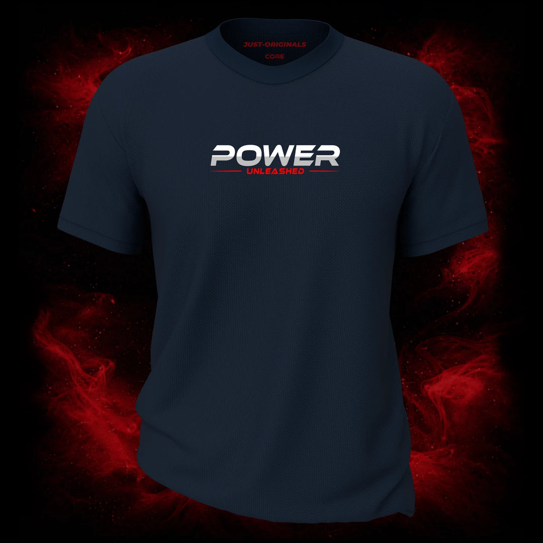 MAXPULSE™ CORE | POWER UNLEASHED | Men Tee | White and red text design on StormPulse™ shirt | Featured in MAXPULSE™ CORE Men Tee