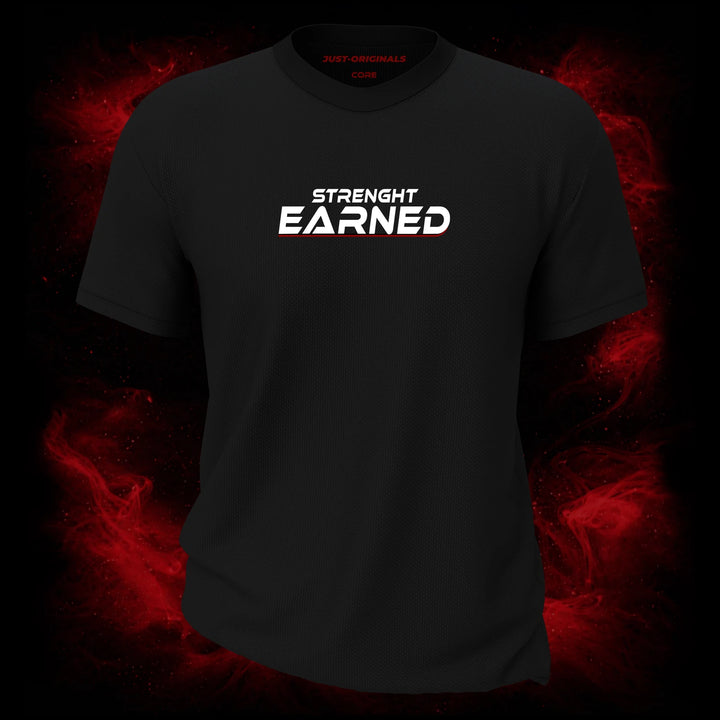 MAXPULSE™ CORE | STRENGTH EARNED | Men Performance Tee | White and red accent text design on BlackPulse™ shirt | Featured in MAXPULSE™ CORE Men Performance Tee