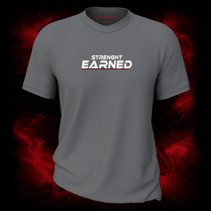MAXPULSE™ CORE | STRENGTH EARNED | Men Performance Tee | White and red accent text design on SteelPulse™ shirt | Featured in MAXPULSE™ CORE Men Performance Tee