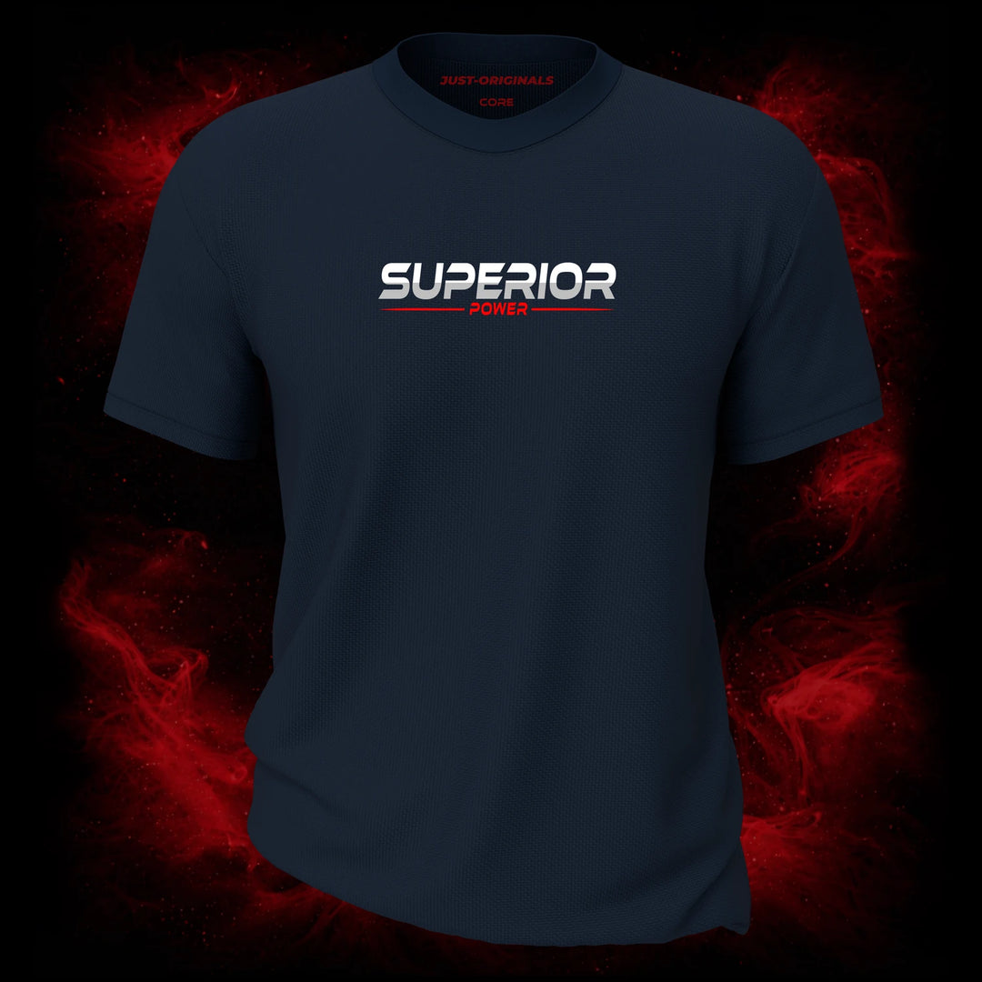 MAXPULSE™ CORE | SUPERIOR POWER | Men Tee | White SUPERIOR text with red POWER and red underline on StormPulse™ shirt | Featured in MAXPULSE™ CORE Men Tee