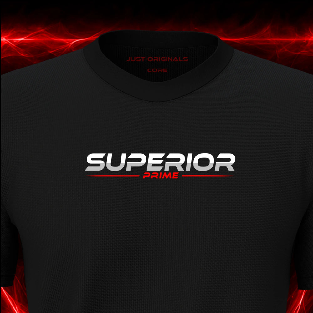 Close-up of the JUST-ORIGINALS™ MAXPULSE CORE Men SUPERIOR PRIME design on a BlackPulse™ performance t-shirt, featuring white SUPERIOR typography, red PRIME text, a red center accent line, and premium neck label.