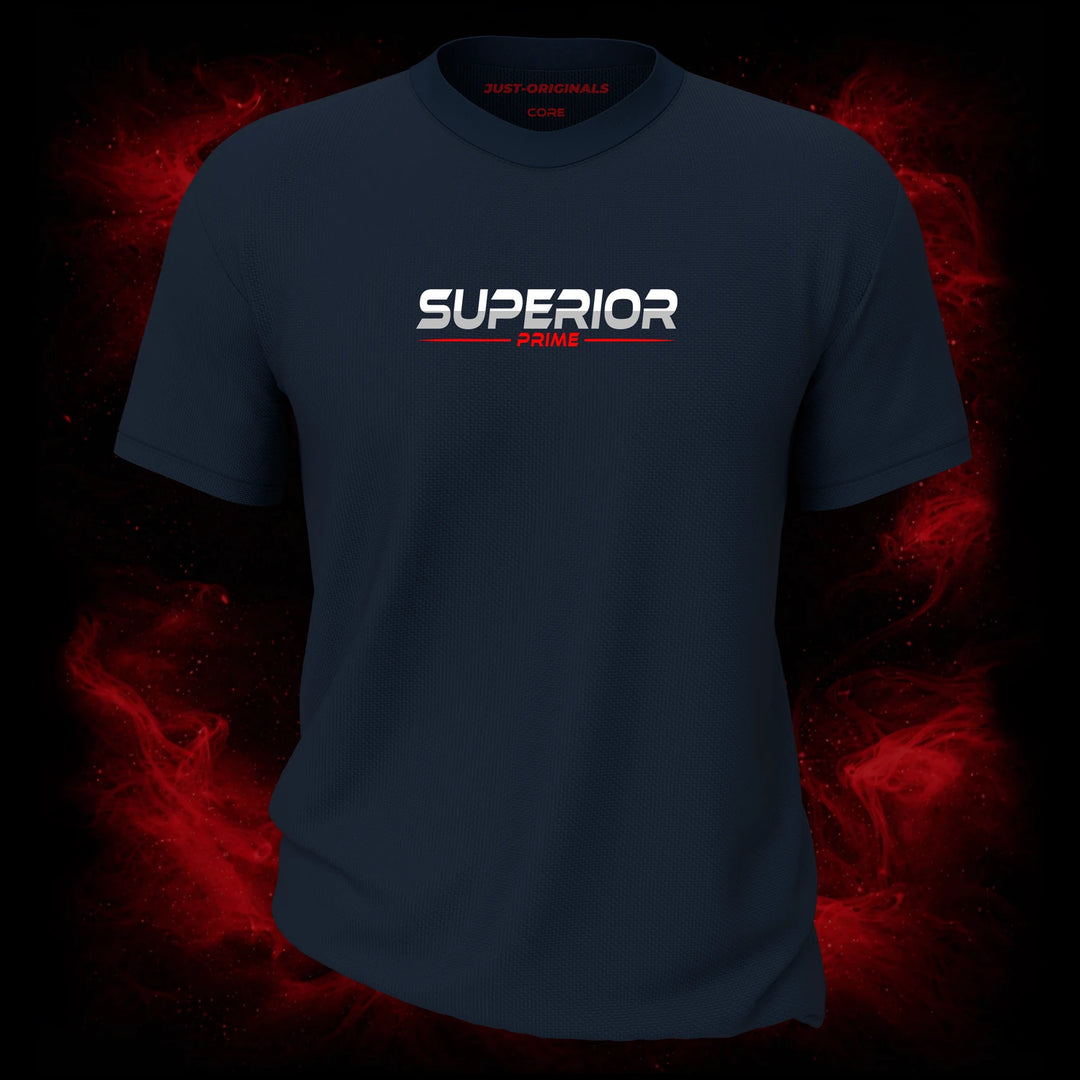 MAXPULSE™ CORE | SUPERIOR PRIME | Men Tee | White SUPERIOR text with red PRIME and red underline on StormPulse™ shirt | Featured in MAXPULSE™ CORE Men Tee