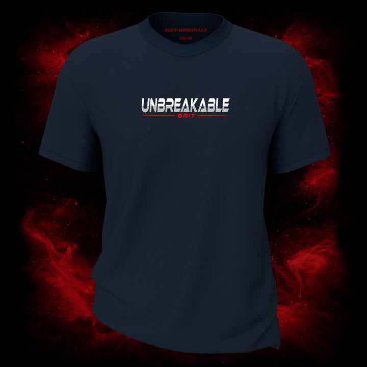 MAXPULSE™ CORE | UNBREAKABLE GRIT | Men Tee | Bold white and red text design with red underline on StormPulse™ shirt | Featured in MAXPULSE™ CORE Men Tee