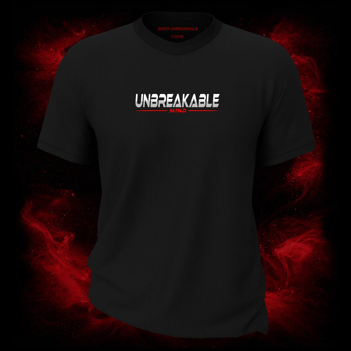 MAXPULSE™ CORE | UNBREAKABLE MIND | Men Tee | Bold white and red text design with red underline on BlackPulse™ shirt | Featured in MAXPULSE™ CORE Men Tee