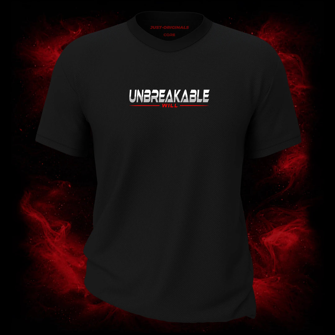 MAXPULSE™ CORE | UNBREAKABLE WILL | Men Tee | Bold white and red text design with red underline on BlackPulse™ shirt | Featured in MAXPULSE™ CORE Men Tee